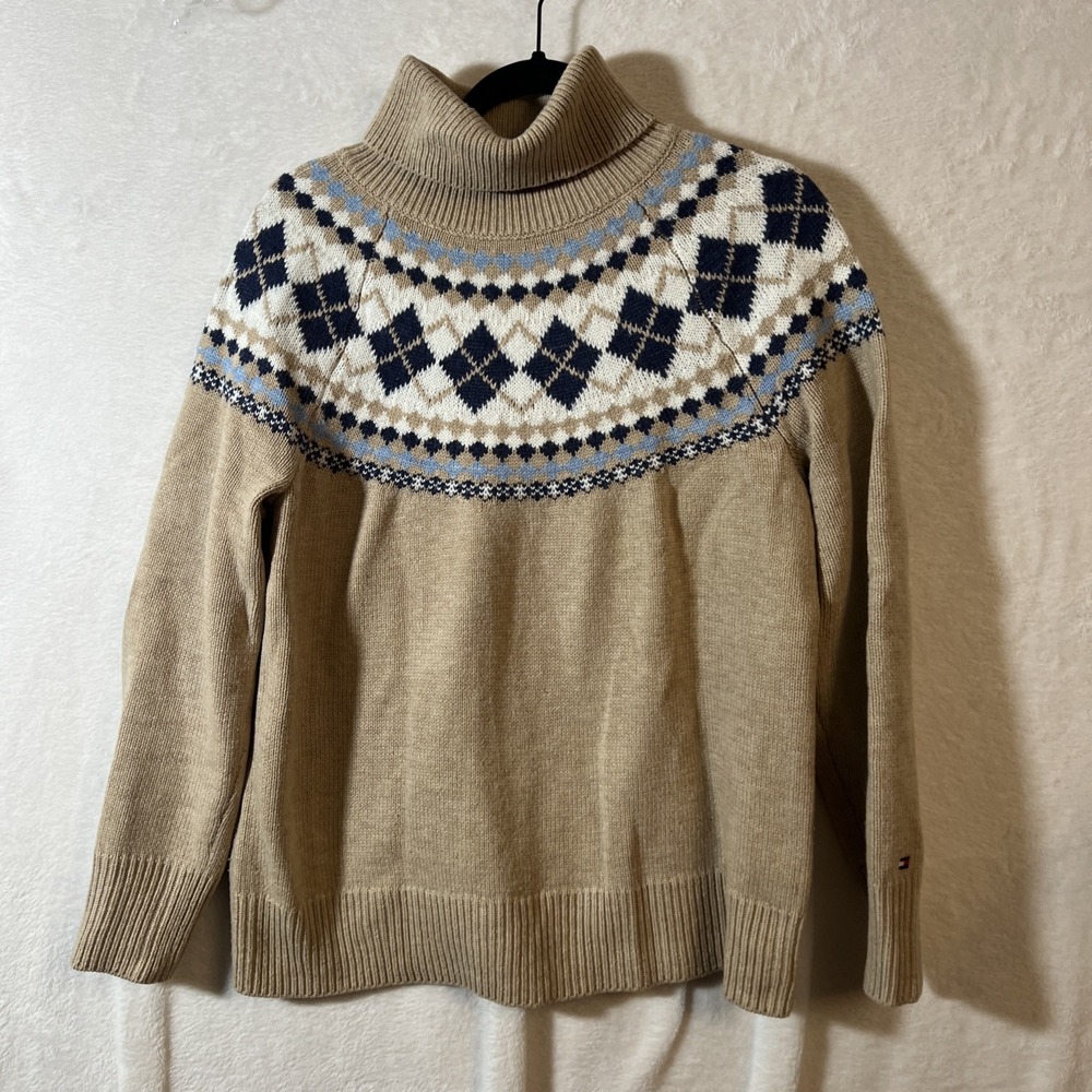 Tommy Hilfiger Women's Argyle Fair Isle Long Sleeve Turtleneck Tan Sweater Sz: L